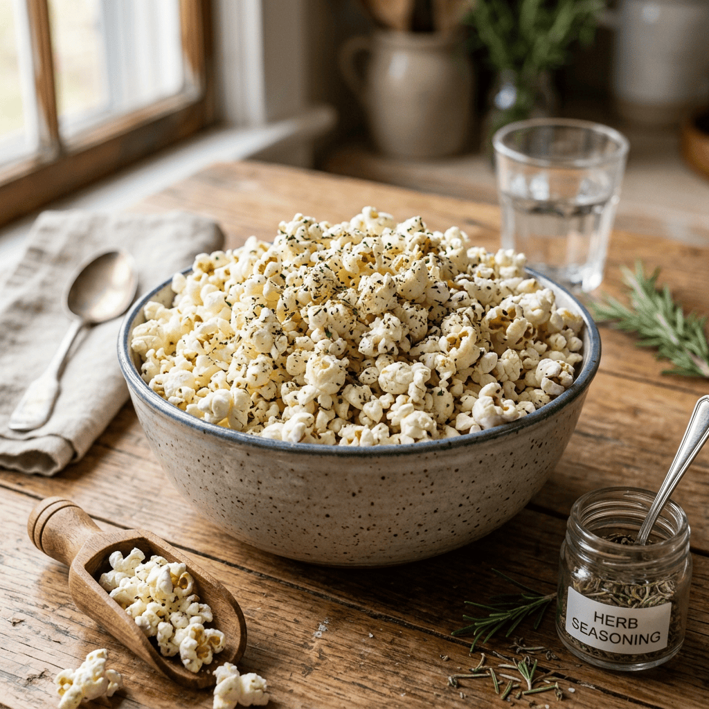 Bowl of popcorn sprinkled with herb seasoning on wooden table with herb jar and spoon