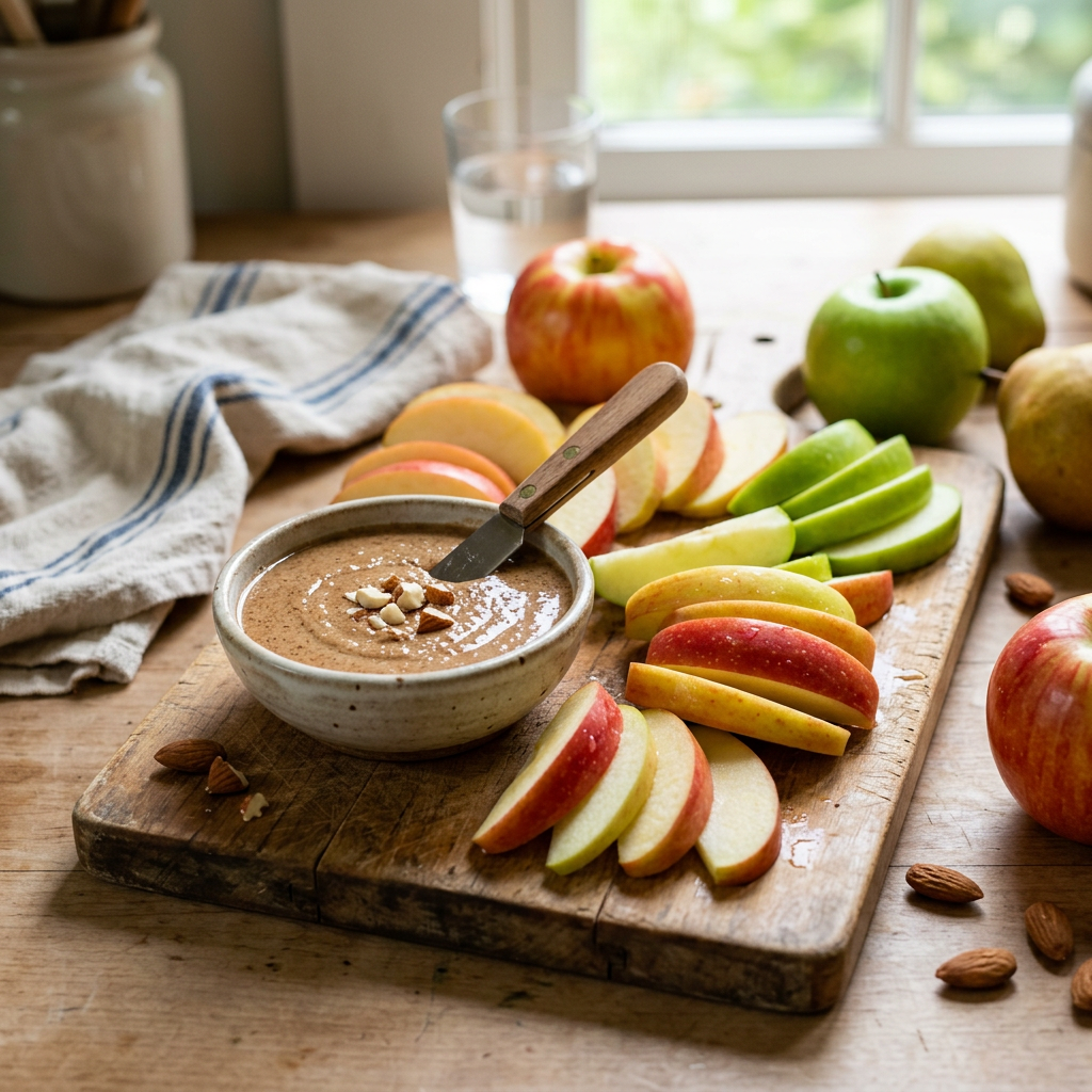 Sliced red and green apples arranged around a bowl of almond butter with knife